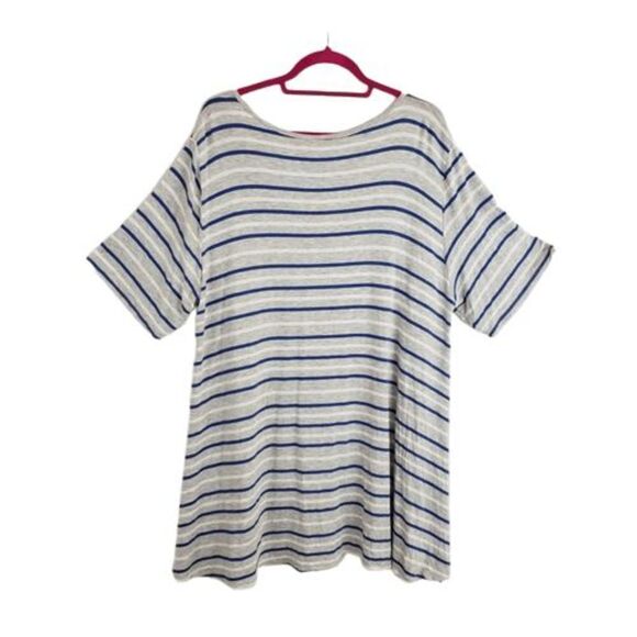 LuLaRoe Gray Top Blue White Horizontal Stripes Scoop Neck Slits Extra Wide - Picture 2 of 7